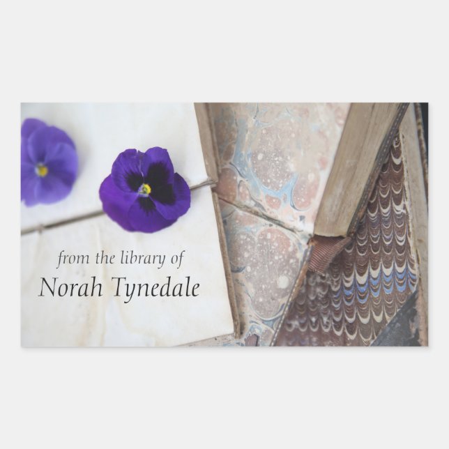 Fresh pansies on old books bookplate rectangular sticker (Front)