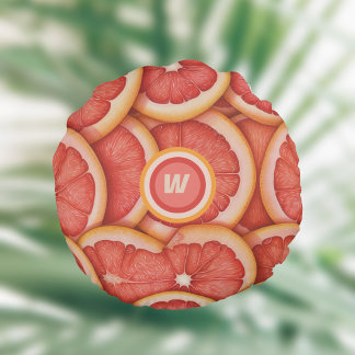 Fresh Picked Pink Grapefruit Monogram Initial Round Cushion