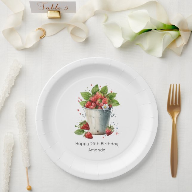 Fresh Picked Strawberries in a Bucket Birthday Paper Plate (Wedding)