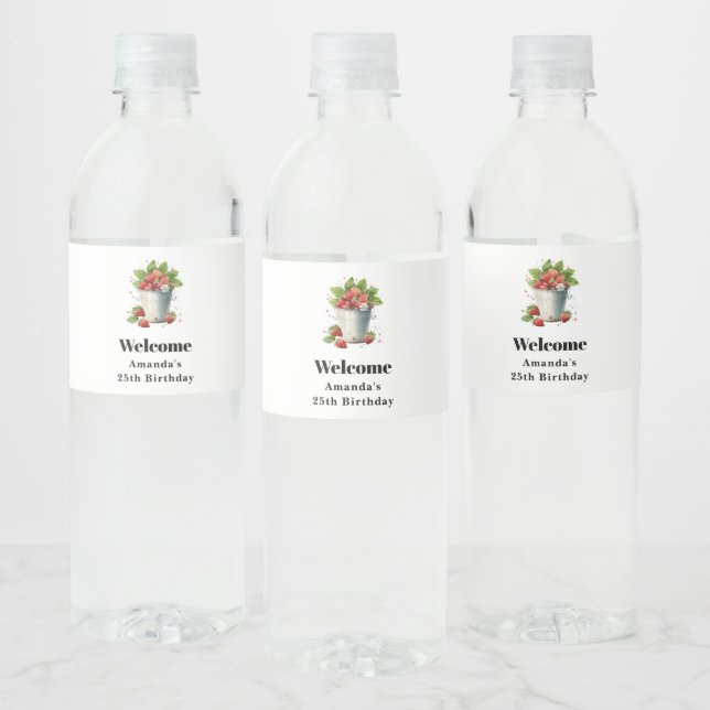 Fresh Picked Strawberries in a Bucket Birthday Water Bottle Label (Bottles)