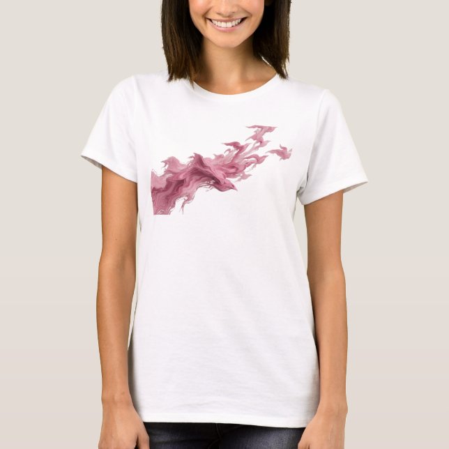 Fresh Pink Abstract Birds Creative Print T-Shirt (Front)