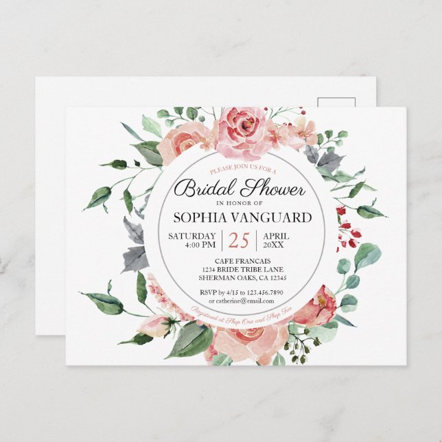 Fresh Pink Blooms Elegant Bridal Shower Invitation Postcard (Front/Back)