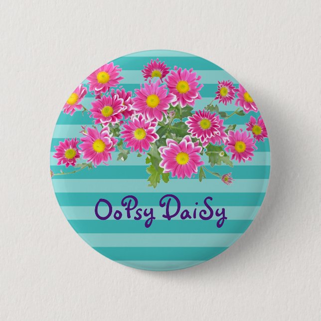 Fresh Pink Daisy Flowers on Turquoise Stripes 6 Cm Round Badge (Front)