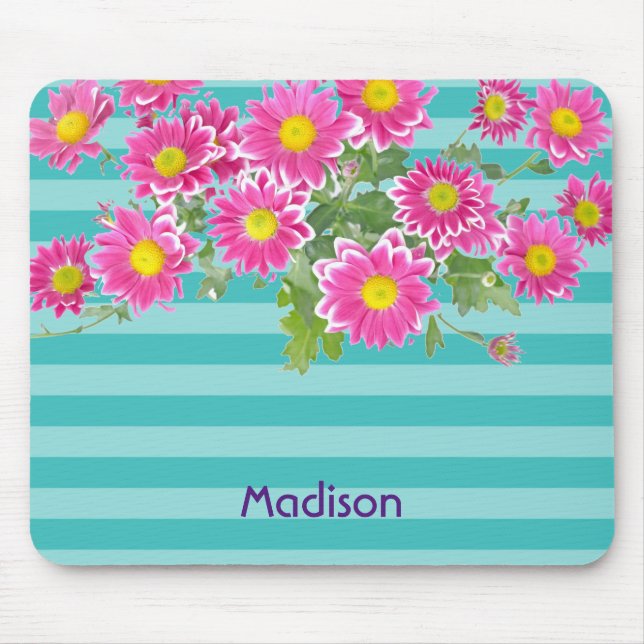 Fresh Pink Daisy Flowers on Turquoise Stripes Mouse Pad (Front)
