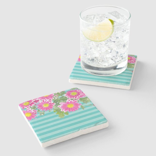 Fresh Pink Daisy Flowers on Turquoise Stripes Stone Coaster (Side)