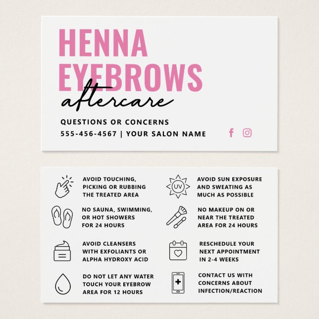 Fresh Pink Modern Henna Eyebrow Aftercare Guide (Front & Back)