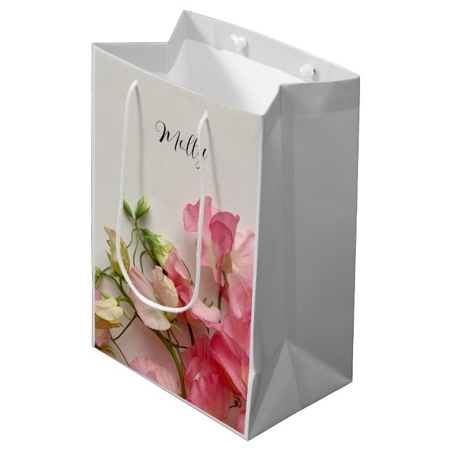 Fresh pink sweet peas medium gift bag (Front Angled)