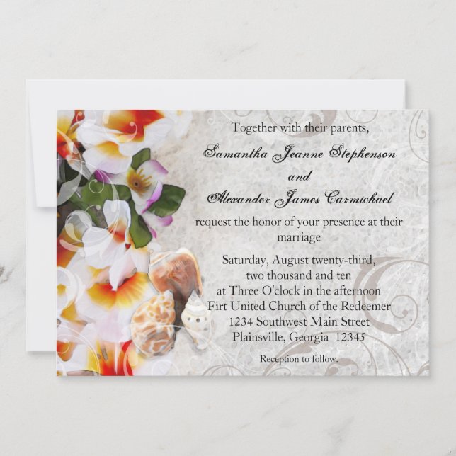 Fresh Plumeria Orchid Lei Beach Wedding Invitation (Front)