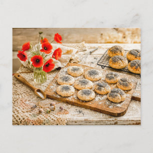 Fresh Poppy Seed Rolls in Rustic Vintage Kitchen Postcard