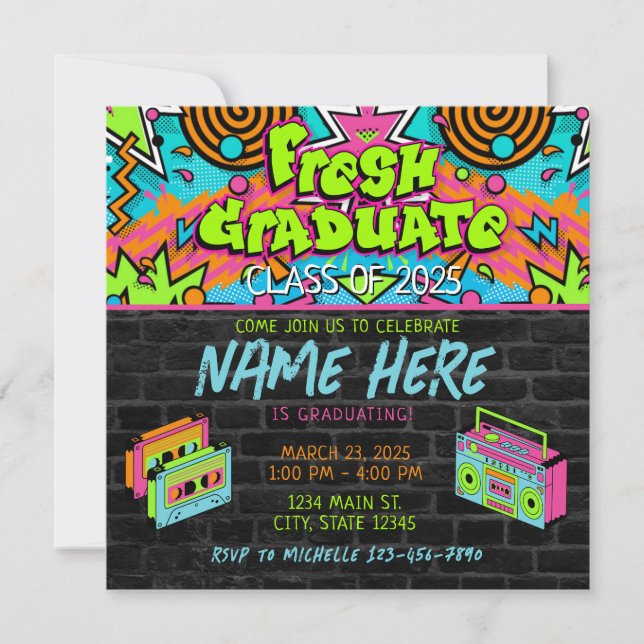 Fresh Prince 90s Boombox Green Colourful Graduatio Invitation (Front)