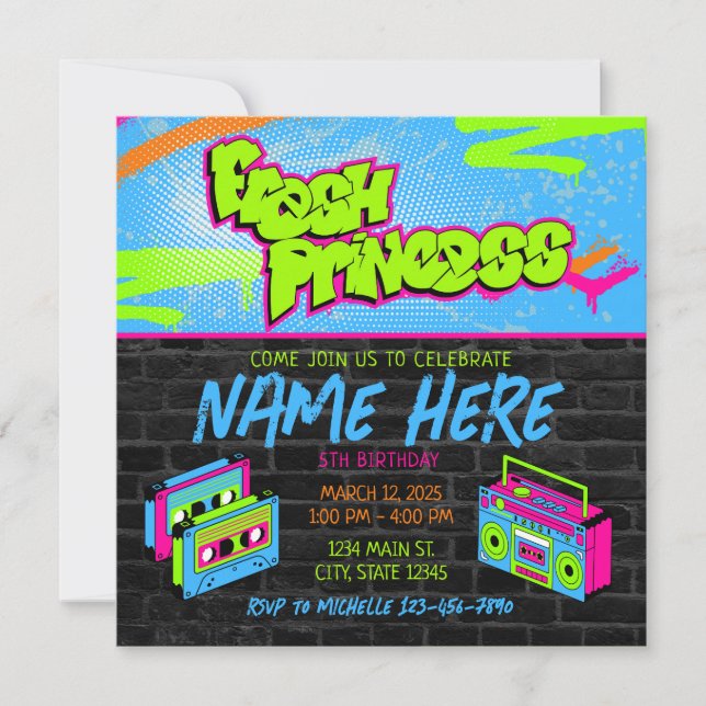 Fresh Princess 90s Boombox Green Pink Birthday Invitation (Front)