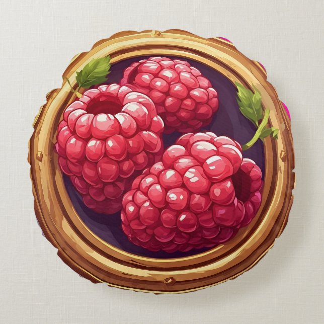 Fresh Raspberries Framed in Golden Artwork Round Cushion (Front)