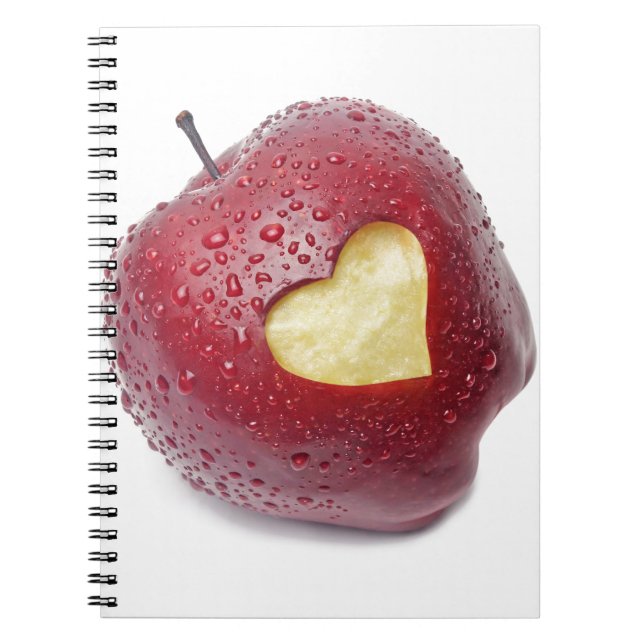 Fresh red apple with a heart shaped symbol spiral notebook (Front)