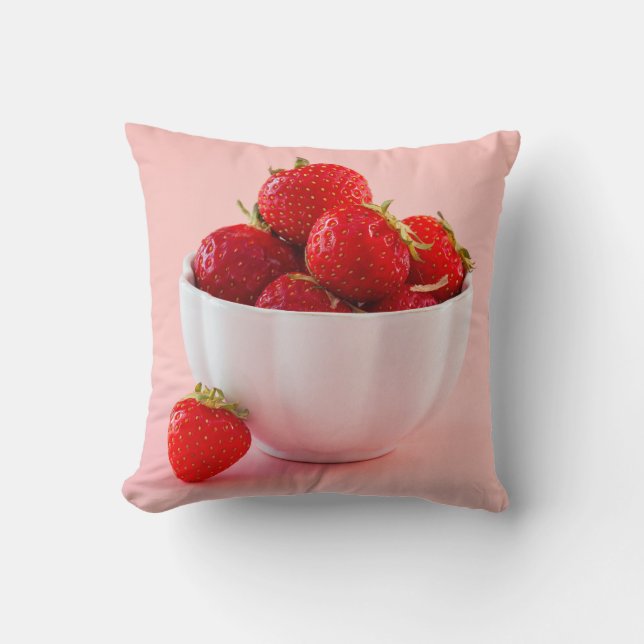 Fresh Red Strawberries In White Bowl Pink Summer Cushion (Front)