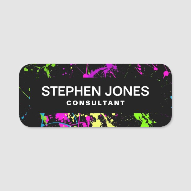 Fresh Retro Neon Paint Splatter Name Tag (Front)