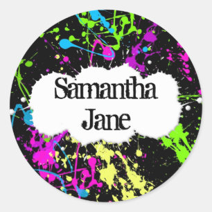 Fresh Retro Neon Paint Splatter on Black Classic Round Sticker