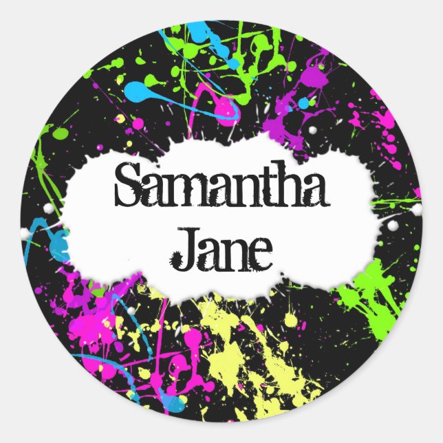 Fresh Retro Neon Paint Splatter on Black Classic Round Sticker (Front)