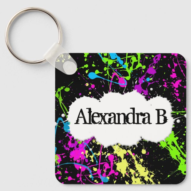 Fresh Retro Neon Paint Splatter on Black Key Ring (Front)