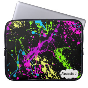 Fresh Retro Neon Paint Splatter on Black Laptop Sleeve
