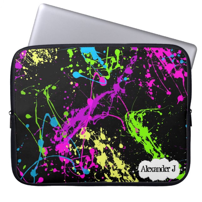 Fresh Retro Neon Paint Splatter on Black Laptop Sleeve (Front)