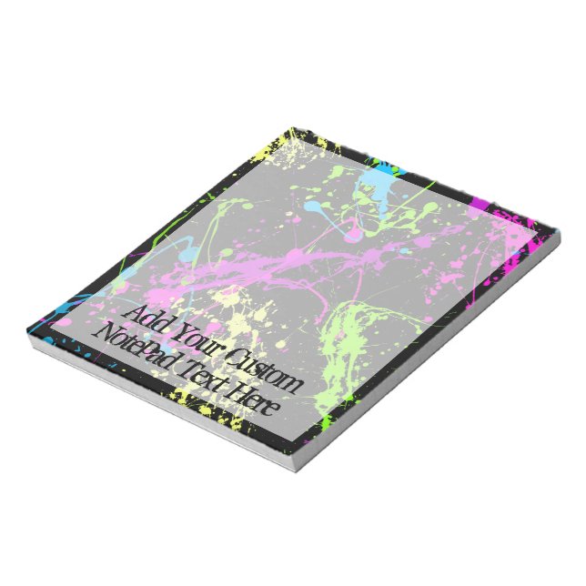 Fresh Retro Neon Paint Splatter on Black Notepad (Rotated)