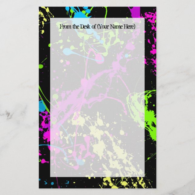 Fresh Retro Neon Paint Splatter on Black Stationery (Front)