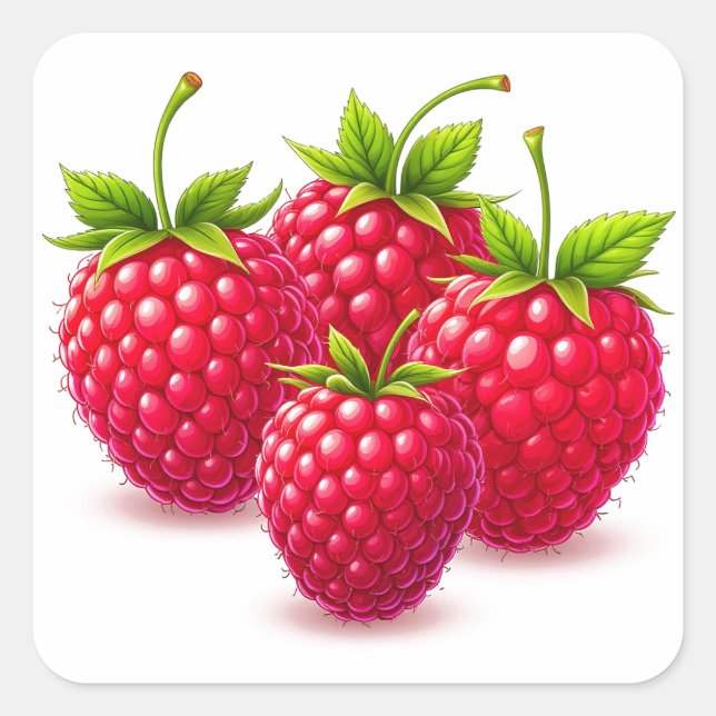 Fresh Ripe Raspberries with Green Leaves Square Sticker (Front)