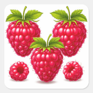 Fresh Ripe Raspberries with Green Leaves Square Sticker