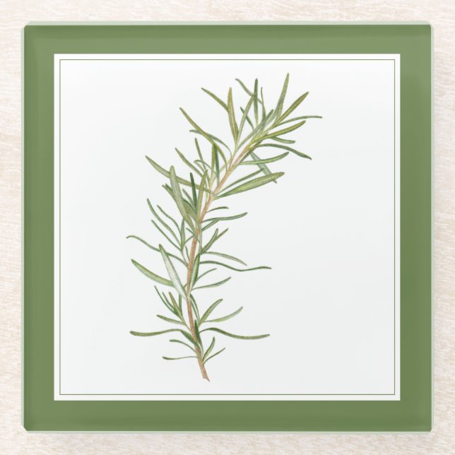 FRESH ROSEMARY Glass Drink Coaster (-text) Green (Front)
