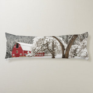 Fresh snow on red barn body cushion