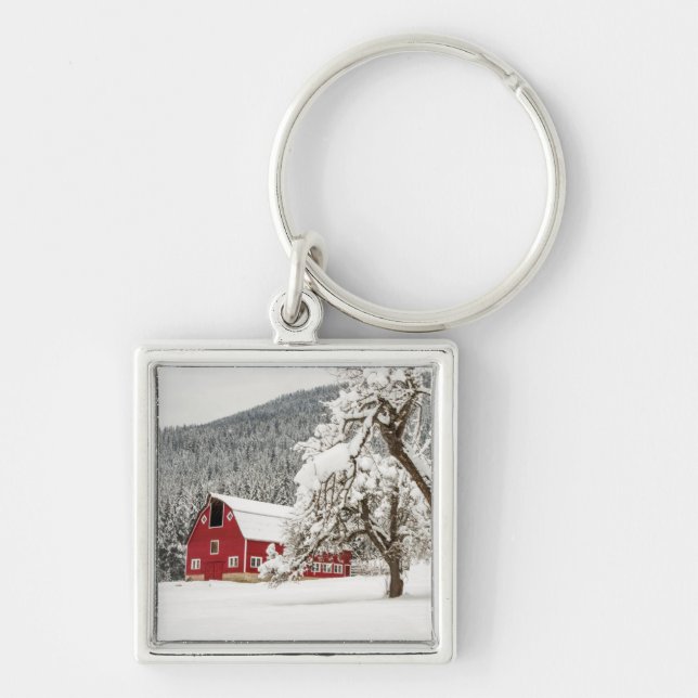 Fresh snow on red barn key ring (Front)