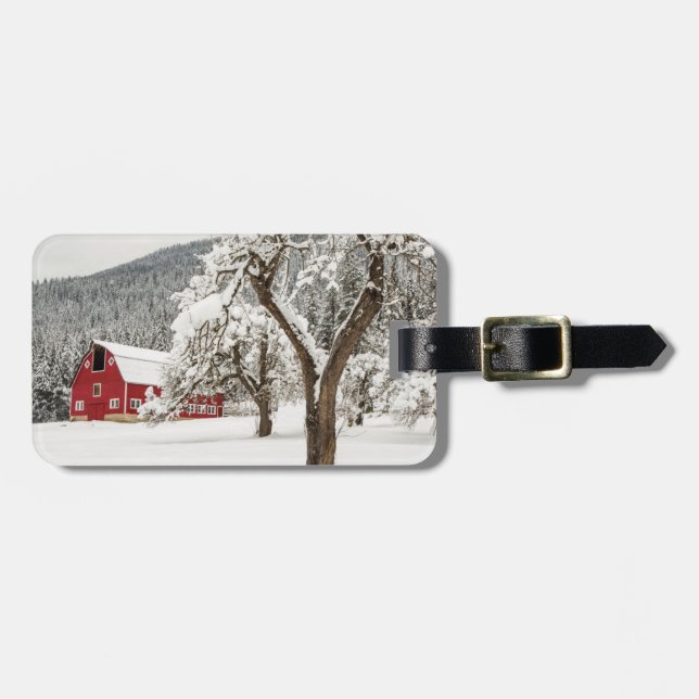 Fresh snow on red barn luggage tag (Front Horizontal)