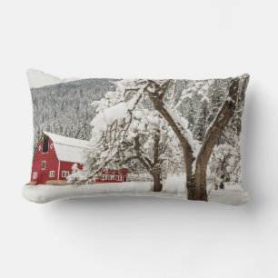 Fresh snow on red barn lumbar cushion