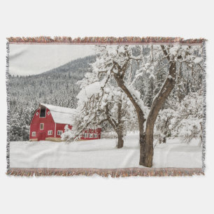 Fresh snow on red barn throw blanket