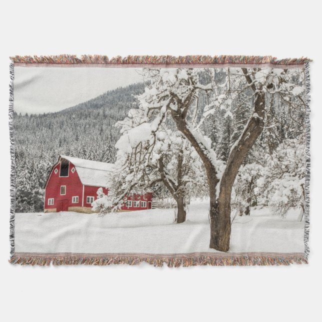 Fresh snow on red barn throw blanket (Front)