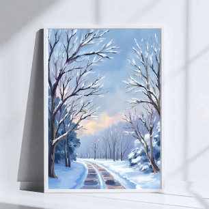 Fresh Snowfall   Winter Road Watercolor Nature Poster