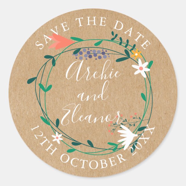 Fresh Spring Floral Garland Save the Date Classic Round Sticker (Front)