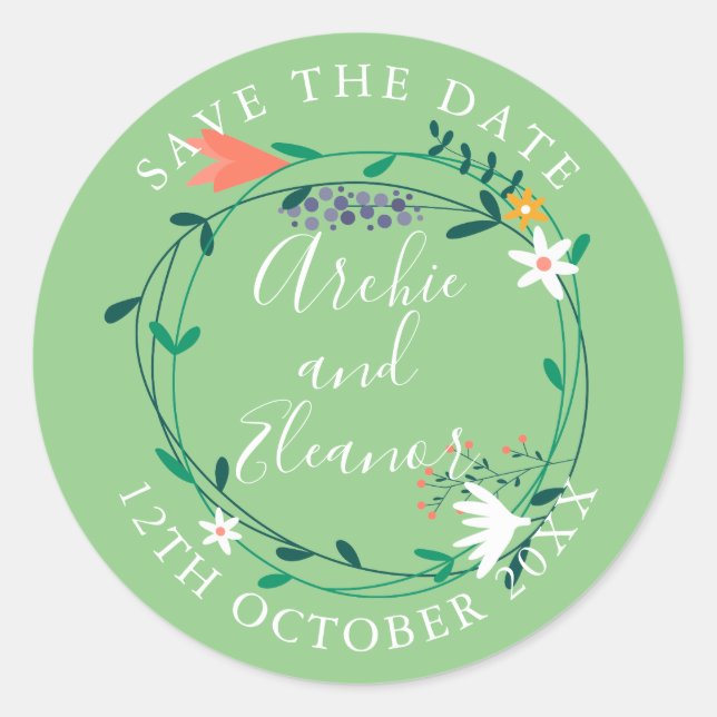 Fresh Spring Floral Garland Save the Date Classic Round Sticker (Front)