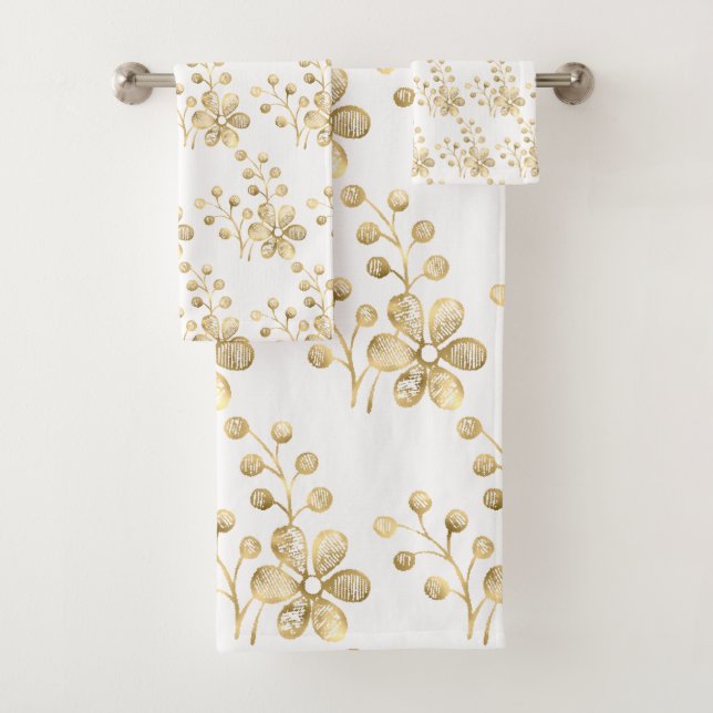 FRESH SPRING GOLD WHITE FLORAL BATHROOM TOWEL SET (Insitu)
