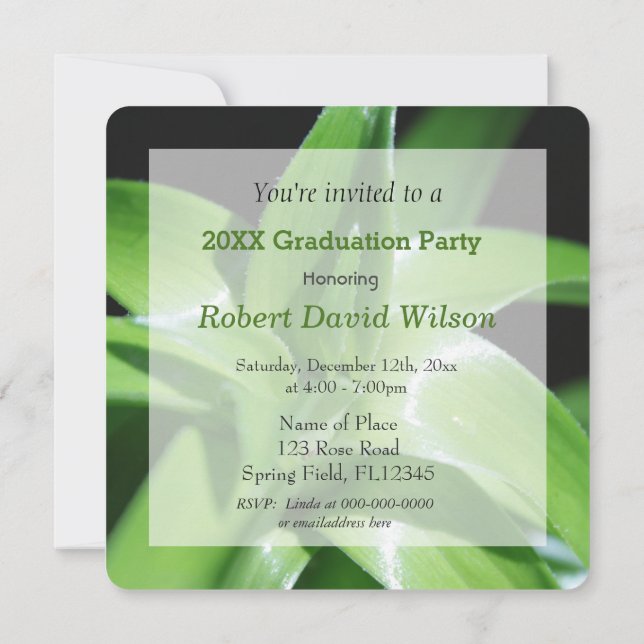 Fresh spring green lily leaves graduation invitation (Back)