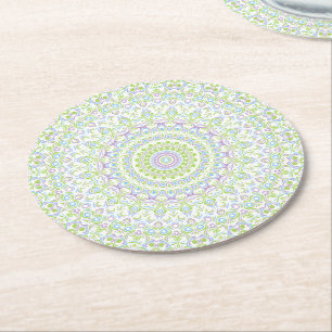 Fresh Spring Mandala in Green, Blue, and Lavender Round Paper Coaster