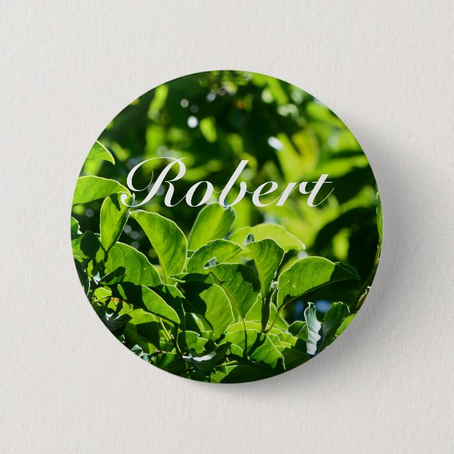 Fresh spring, summer green leaves name button (Front)
