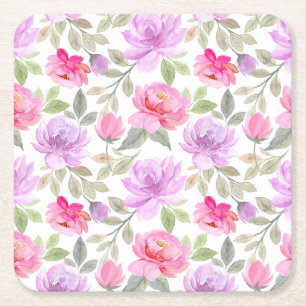 Fresh Spring Vibe: Pink and Purple Floral Design Square Paper Coaster