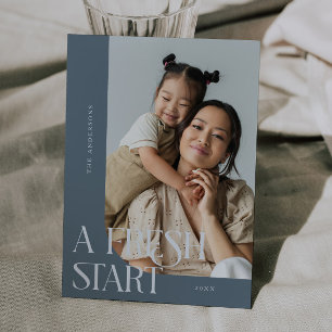 Fresh Start New Year Slate Blue Curved Frame Photo Holiday Card