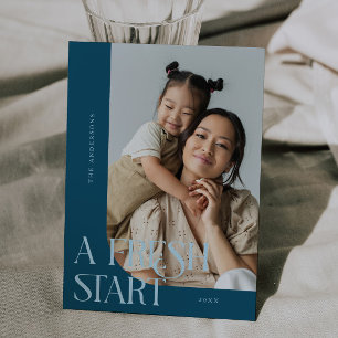 Fresh Start New Year Teal Curved Frame Photo Holiday Card