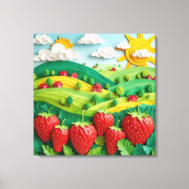 Fresh Strawberries Displayed on Greenfield  Canvas Print (Front)