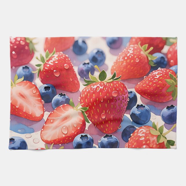 Fresh Strawberry Blueberry Burst Tea Towel (Horizontal)