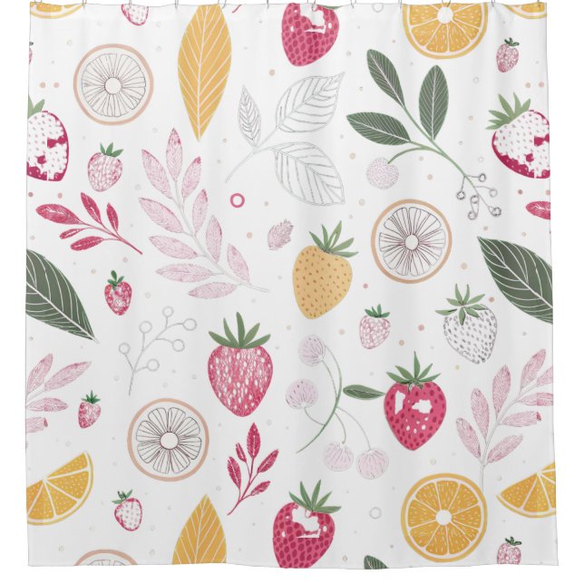Fresh Strawberry & Floral Shower Curtain – Bright  (Front)