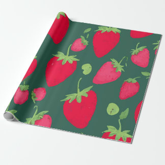 Fresh Strawberry Pattern on Dark Green Background Wrapping Paper