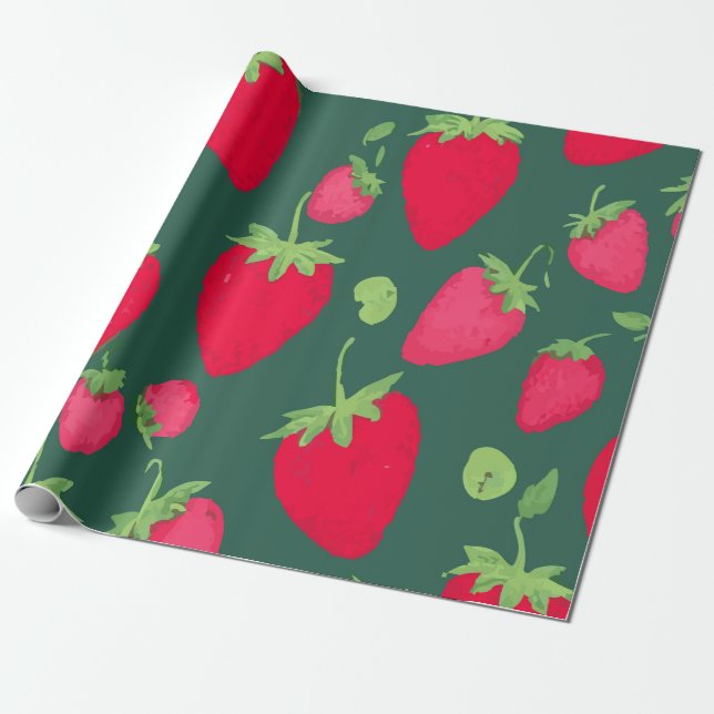 Fresh Strawberry Pattern on Dark Green Background Wrapping Paper (Unrolled)